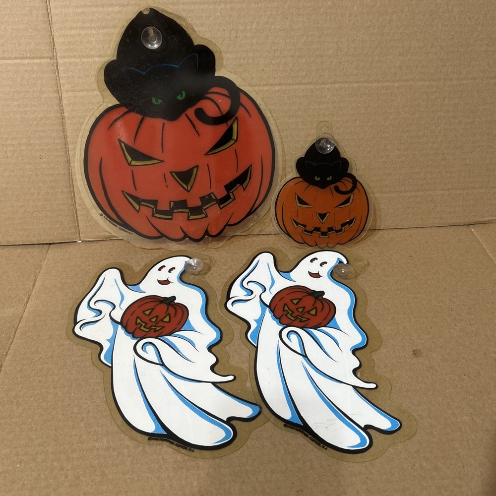 Vtg 1990 Prismatix Halloween Suction Cup Window Decorations Ghost, Pumpkin Cat